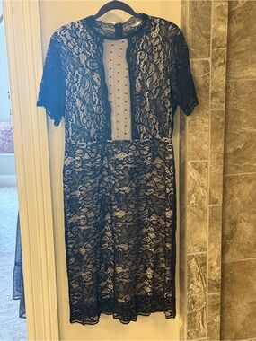 Black Lace Midi Dress with Sheer Polka Dot Panel
